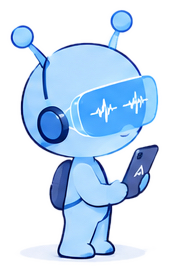 A friendly blue alien with two antennas and a plain visor holds a phone.