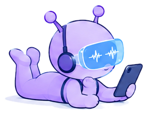 A friendly purple alien with two antennas lies on its tummy, reading a phone.